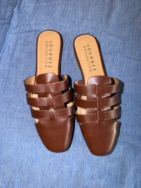Journee Collection Brown Multi-Strap Leather Slide Mules